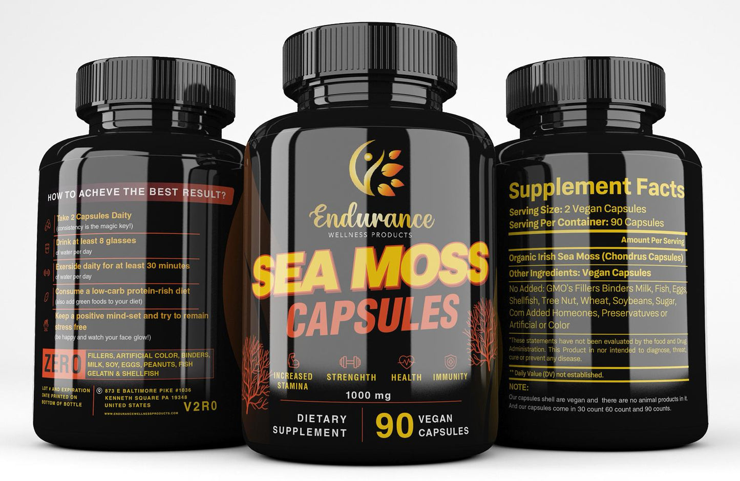 Three Endurance Wellness Products Wildcrafted Sea Moss Vegan Capsules bottles on a white background showing the 90 count front label, suggested use label, and Supplement Facts label