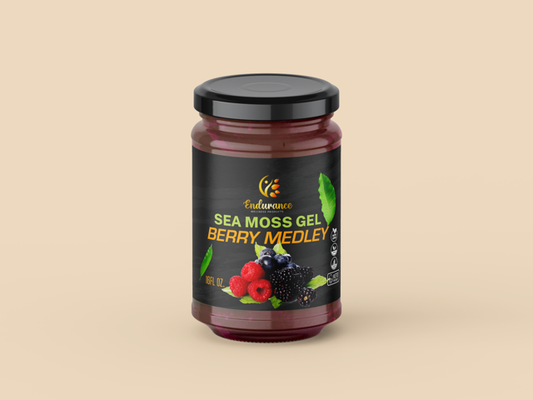 16 oz jar of Endurance Wellness Products Berry Medley Sea Moss Gel with front label on a light tan background