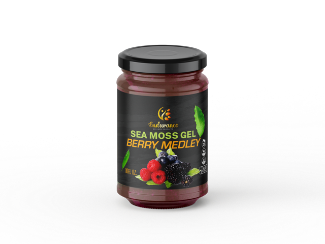 Endurance Wellness Products Berry Medley Sea Moss Gel 16 oz jar with front label on a transparent background
