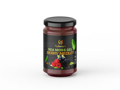 Endurance Wellness Products Berry Medley Sea Moss Gel 16 oz jar with front label on a transparent background