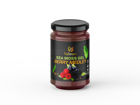 Endurance Wellness Products Berry Medley Sea Moss Gel 16 oz jar with front label on a transparent background