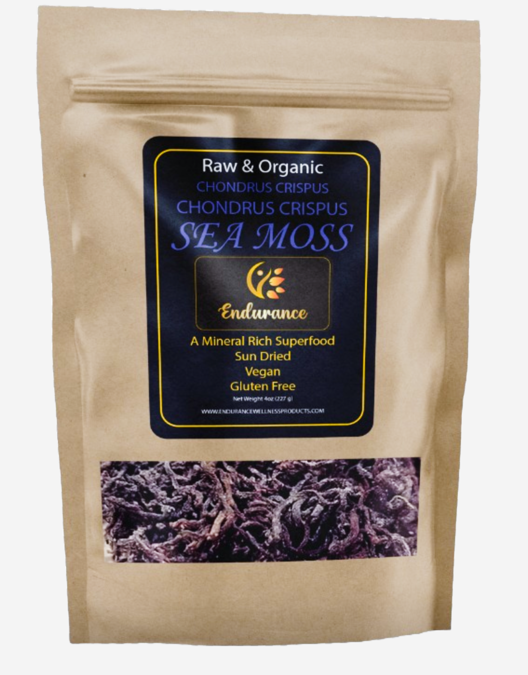 Front of Chondrus Crispus 4 oz Premium Wildcrafted Raw Sea Moss bag on a white background