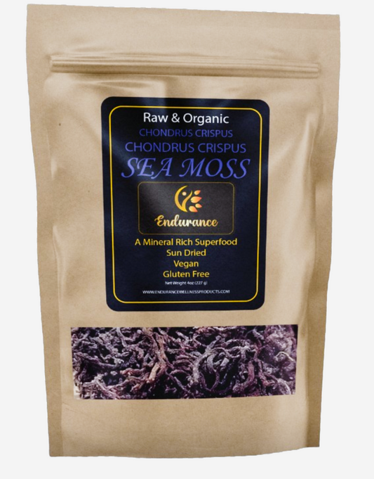 Front of Chondrus Crispus 4 oz Premium Wildcrafted Raw Sea Moss bag on a white background