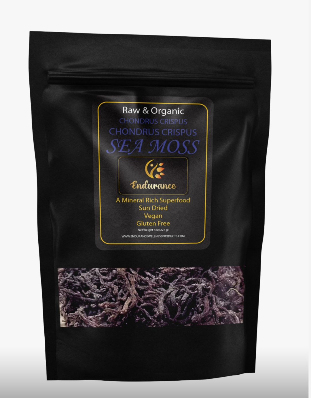 Front of Chondrus Crispus 4 oz Premium Wildcrafted Raw Sea Moss black bag on a white background