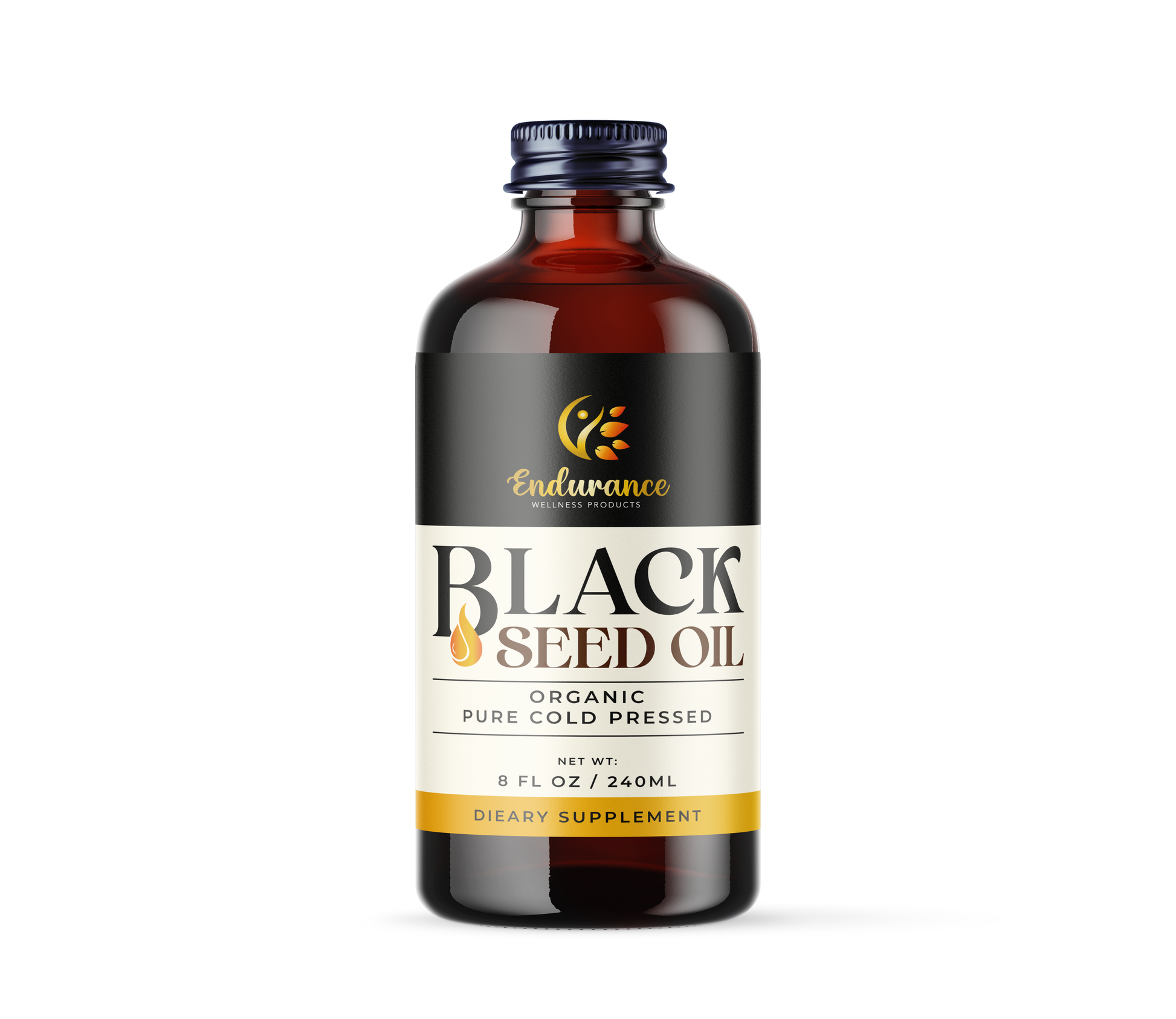 Front view of Endurance Wellness Cold-Pressed Black Seed Oil bottle made from Nigella sativa seeds