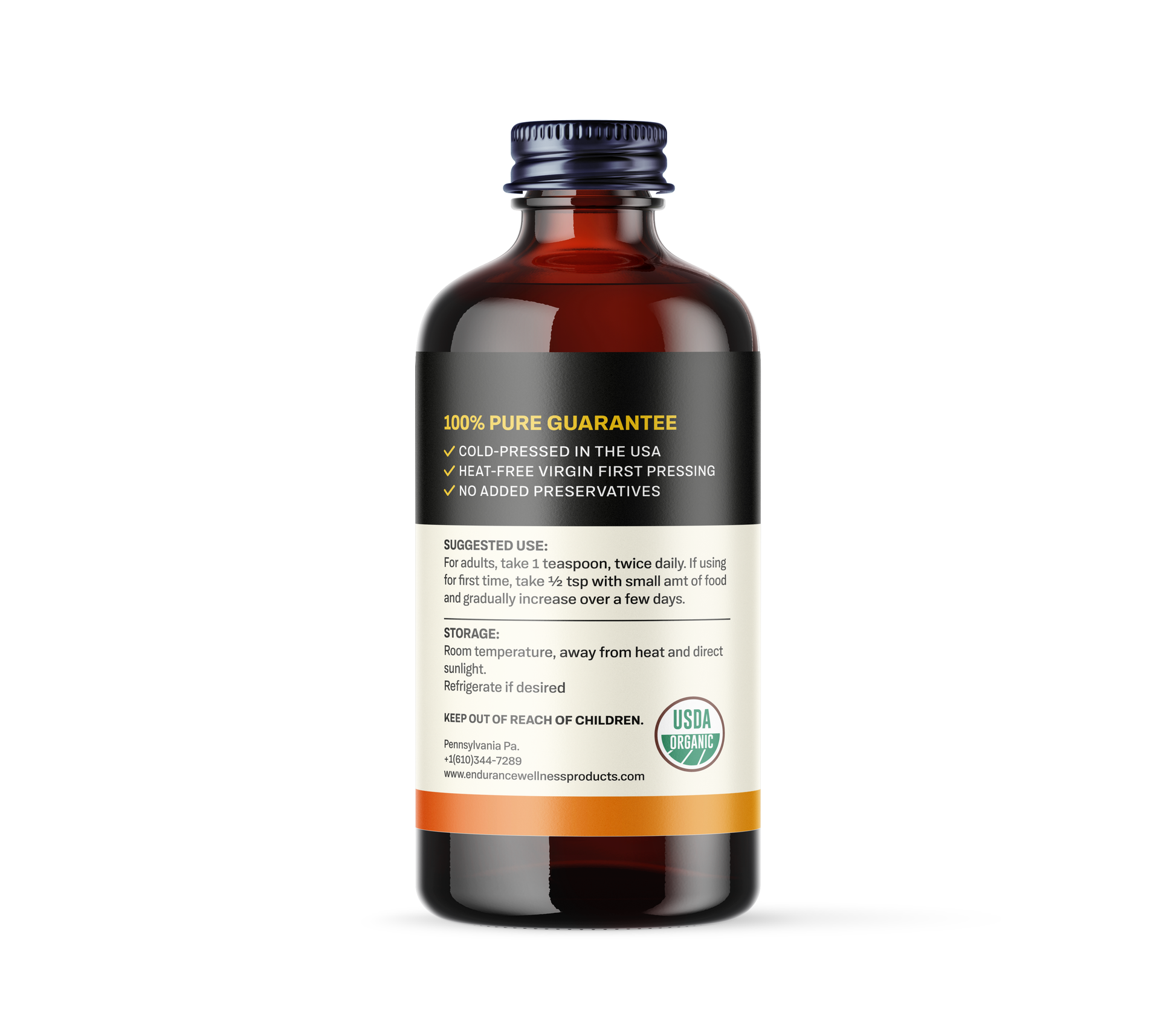 Endurance Wellness Cold-Pressed Black Seed Oil bottle showing the suggested use instructions on the label