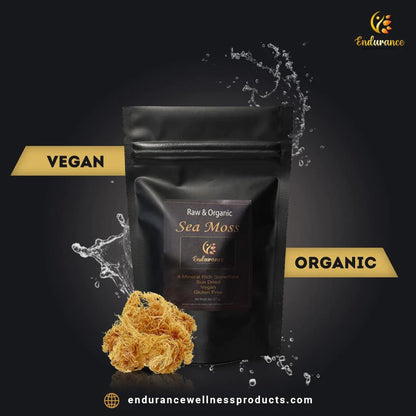 Package of Premium Organic Dried Sea Moss with raw sea moss displayed in front, labeled vegan and organic