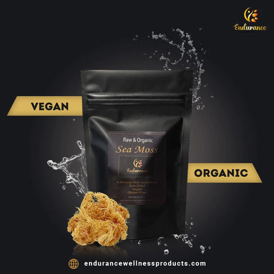 Package of Premium Organic Dried Sea Moss with raw sea moss displayed in front, labeled vegan and organic