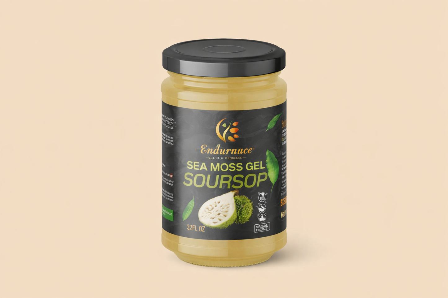 16 oz jar of Endurance Wellness Products Soursop Sea Moss Gel with Honey showing the front label on a light tan background
