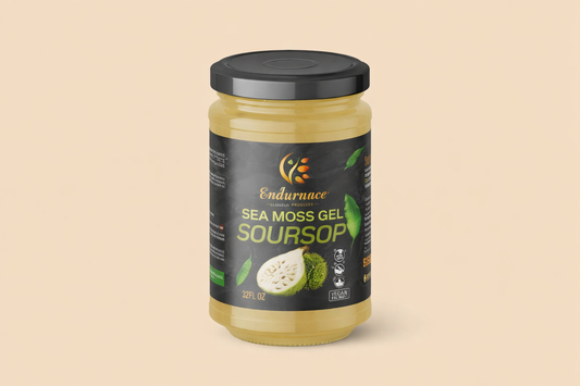 16 oz jar of Endurance Wellness Products Soursop Sea Moss Gel with Honey showing the front label on a light tan background
