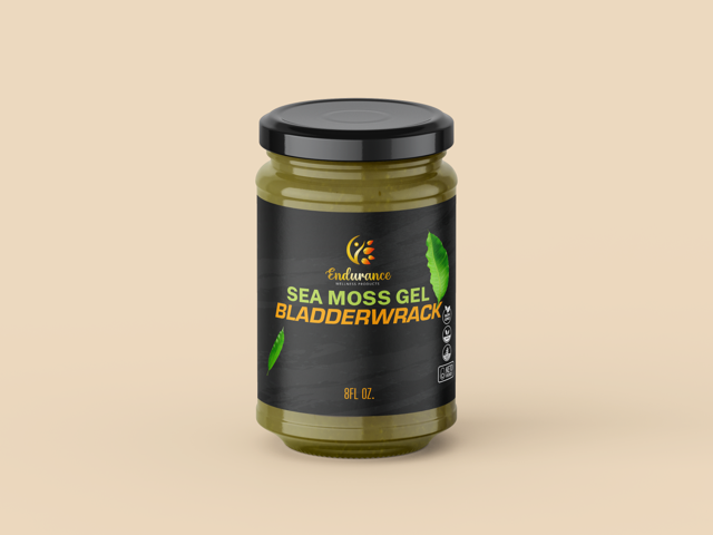 8 oz jar of Endurance Wellness Wildcrafted Sea Moss and Bladderwrack Gel on a light tan background