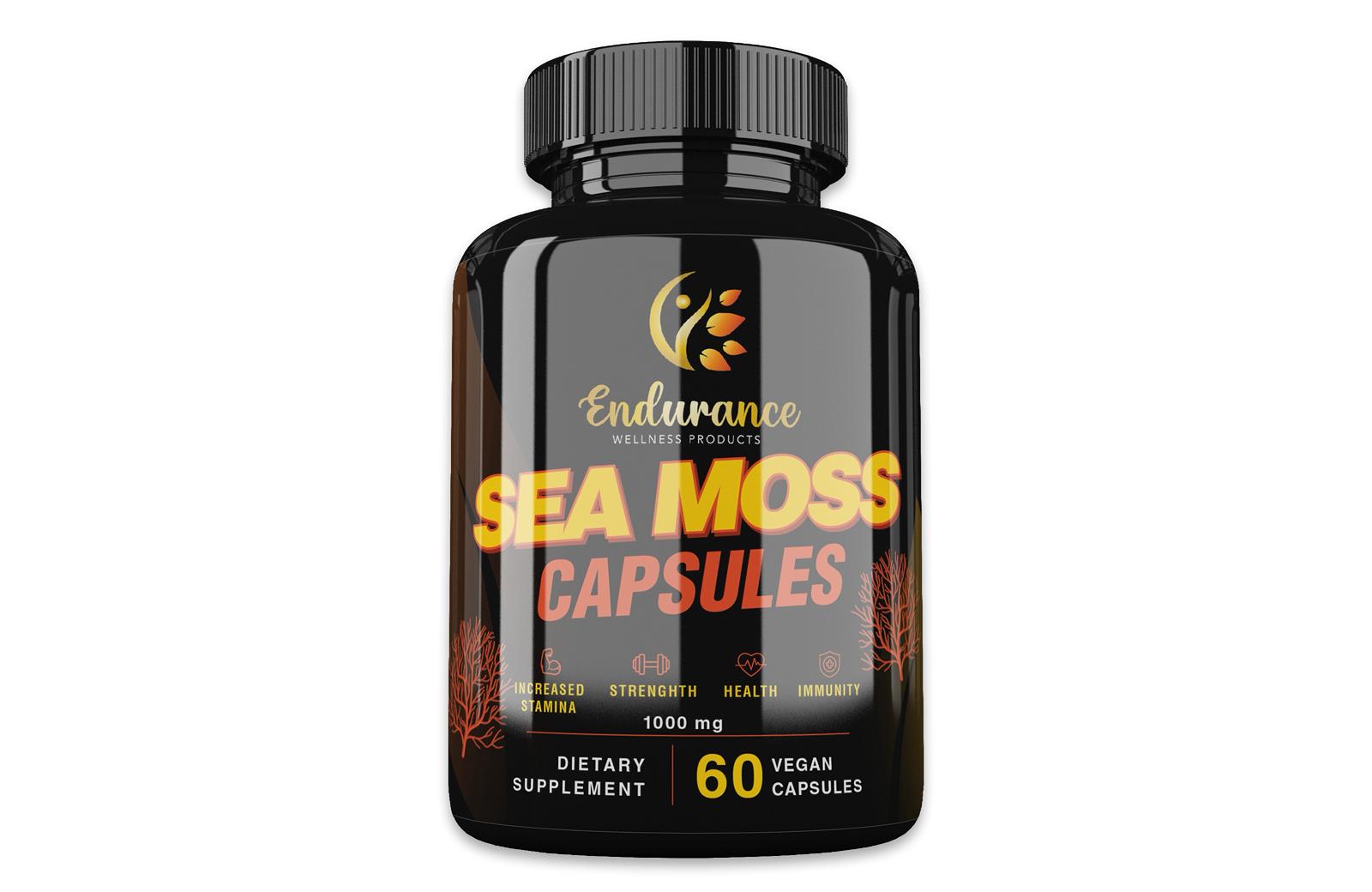 Front view of Endurance Wellness Products Wildcrafted Sea Moss Vegan Capsules 60 count bottle on a white background