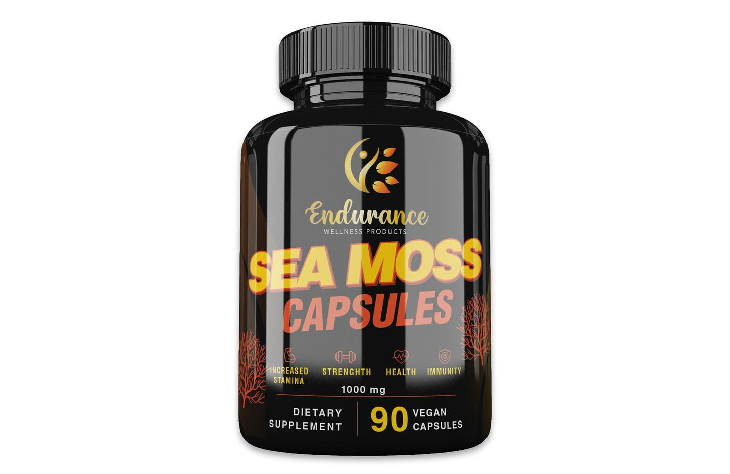 Front view of Endurance Wellness Products Wildcrafted Sea Moss Vegan Capsules 90 count bottle on a white background