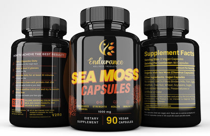 Three Endurance Wellness Products Wildcrafted Sea Moss Vegan Capsules bottles on a white background showing the 90 count front label, suggested use label, and Supplement Facts label