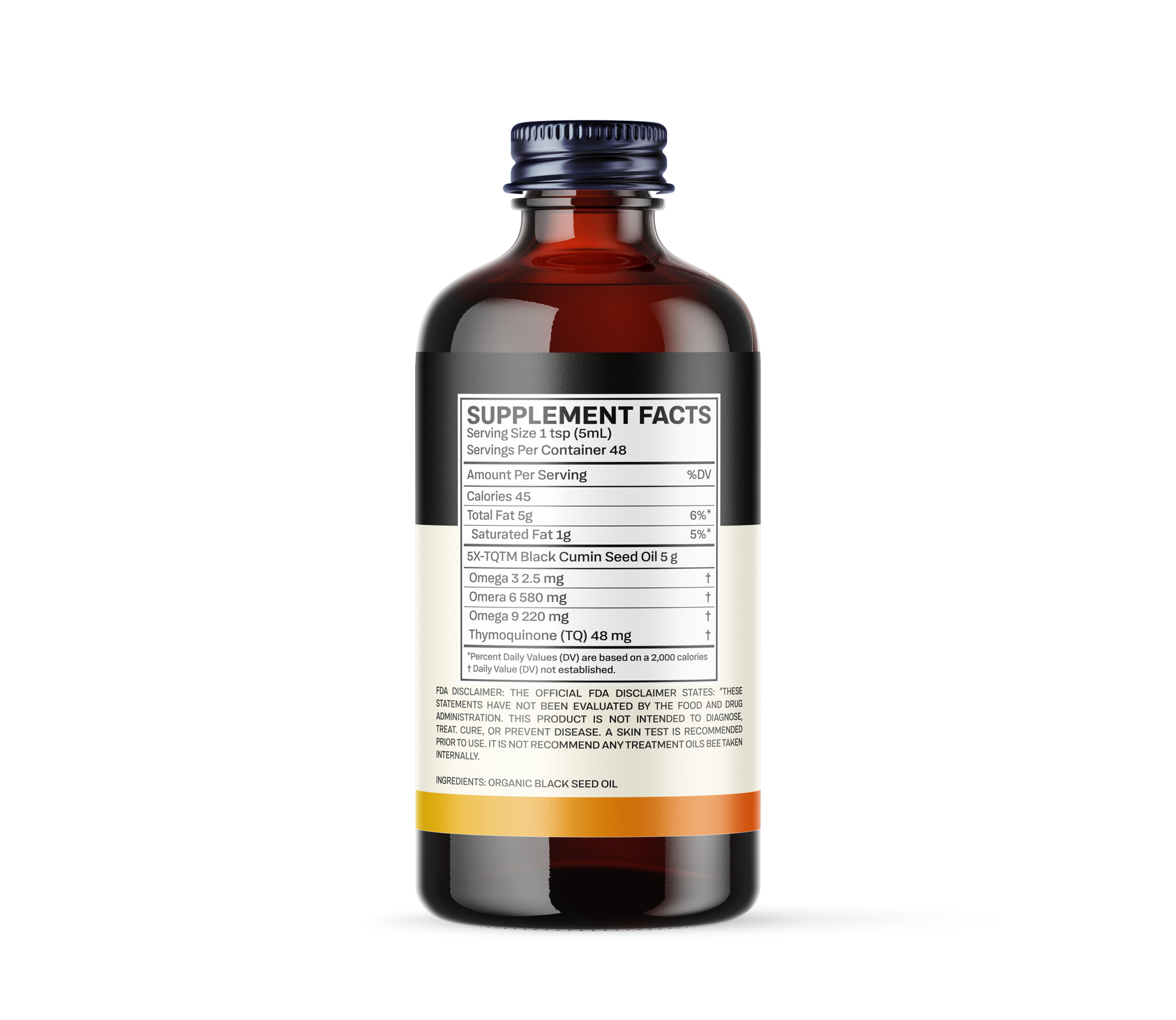 Back view of Endurance Wellness Cold-Pressed Black Seed Oil bottle showing the Supplement Facts label