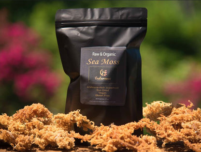 Front of Premium Organic Dried Sea Moss package with whole sea moss displayed along the bottom